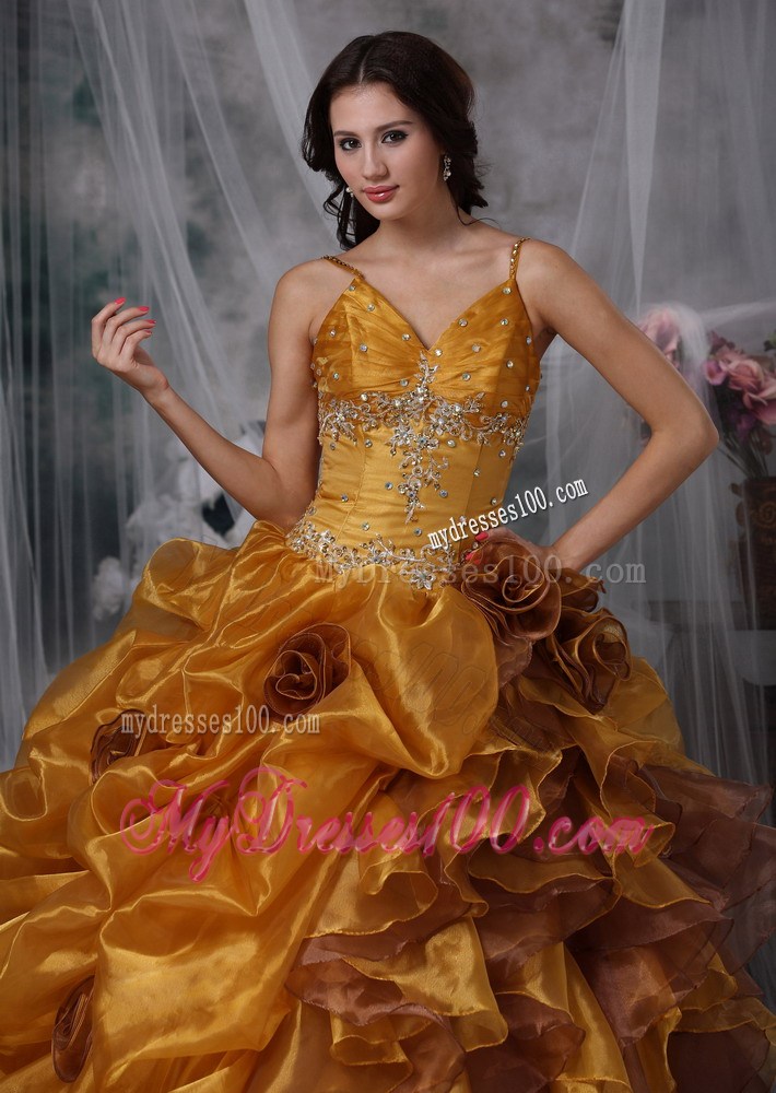 Brown Ball Gown Straps Beading and Appliques Quinceanera Dress Pick-ups